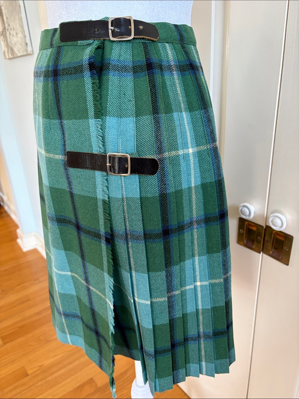 Vintage Green Plaid Wool Kilt-Style Skirt